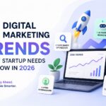 Graphic illustrating 5 digital marketing trends for startups in 2026, including AI-powered marketing, voice search optimization, short-form video, personalization, and data-driven decisions.