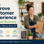 Small business owner handing a customer a shopping bag in a modern storefront, with text overlay reading “How to Improve Customer Experience for Small Business (And Save Money Doing It)” alongside icons representing customer satisfaction, reviews, and cost savings.