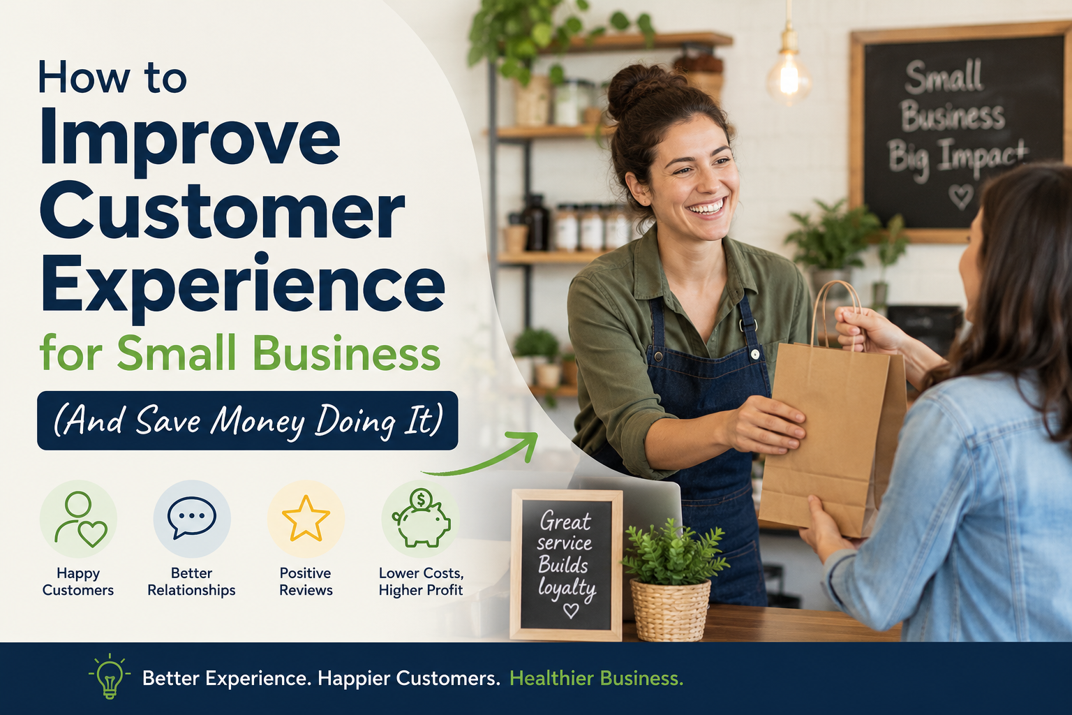 Small business owner handing a customer a shopping bag in a modern storefront, with text overlay reading “How to Improve Customer Experience for Small Business (And Save Money Doing It)” alongside icons representing customer satisfaction, reviews, and cost savings.