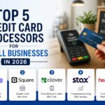 Top 5 credit card processors for small businesses in 2026 featuring Stripe, Square, Clover, Stax, and Heartland with a payment terminal and card.
